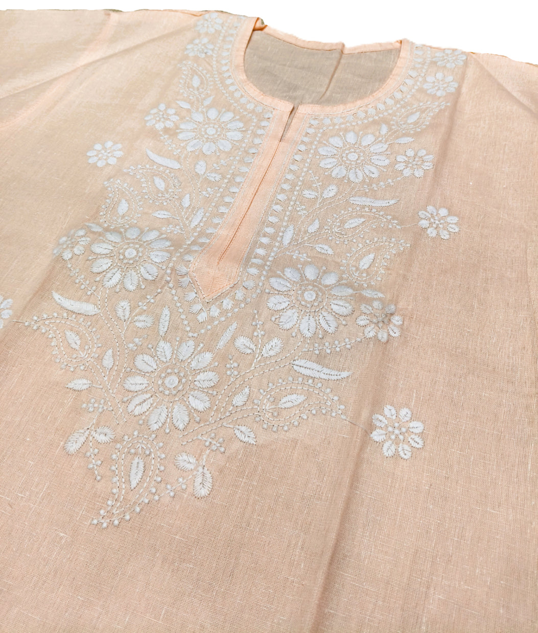 Peach Embroidered Straight Kurti for Women – Cotton Blend, Floral Chikankari Design, 3/4 Sleeves