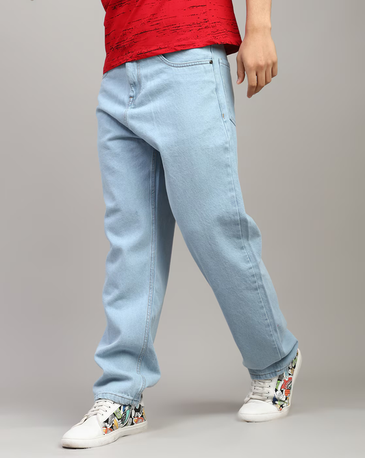 Men’s Light Blue Baggy Fit Jeans | Relaxed Fit Mid-Rise Denim | Oversized Streetwear Style