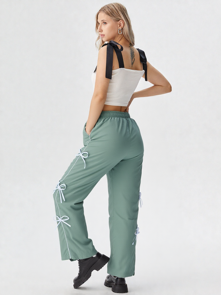 Stylish Light Green Bow String Track Pants – Relaxed Fit | Streetwear Casual for Women's