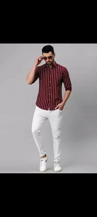 Men’s Maroon Slim Fit Striped Cotton Shirt – Casual & Formal Wear