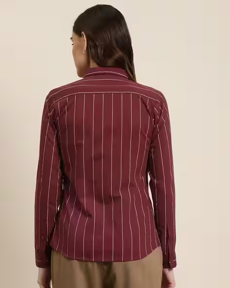 Women's Maroon Pinstripe Formal Shirt – Full Sleeve, Slim Fit
