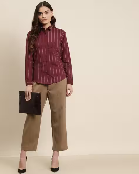 Women's Maroon Pinstripe Formal Shirt – Full Sleeve, Slim Fit