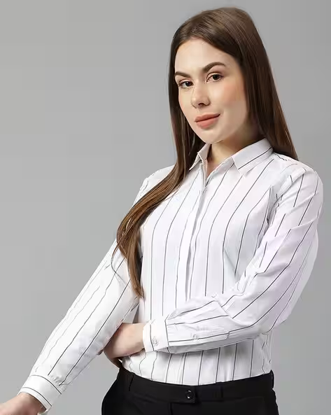 White Pinstripe Slim Fit Cotton Shirt for Women – Elegant Formal & Office Wear