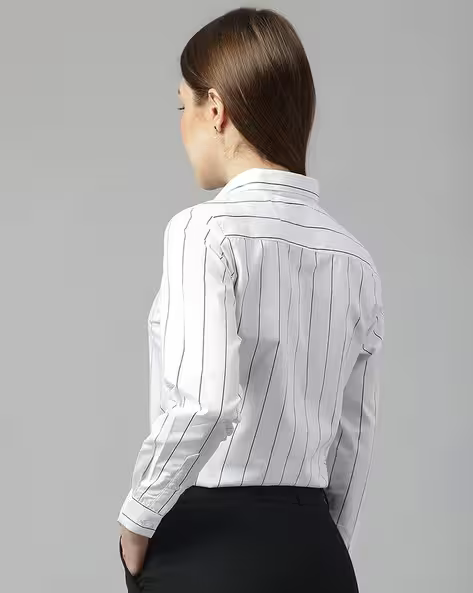 White Pinstripe Slim Fit Cotton Shirt for Women – Elegant Formal & Office Wear