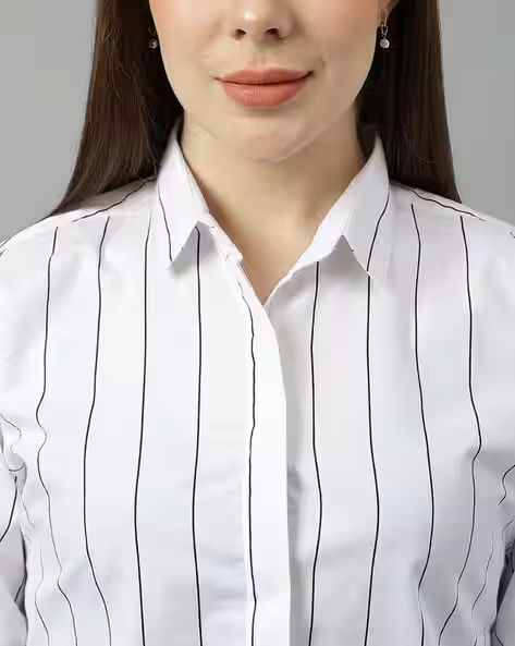 White Pinstripe Slim Fit Cotton Shirt for Women – Elegant Formal & Office Wear