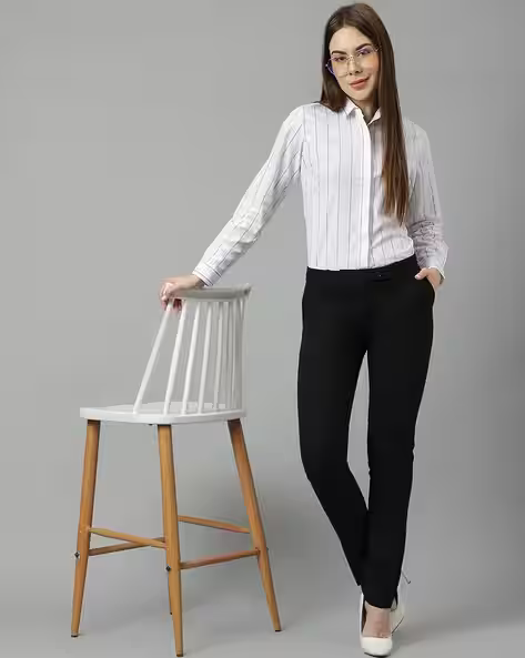 White Pinstripe Slim Fit Cotton Shirt for Women – Elegant Formal & Office Wear