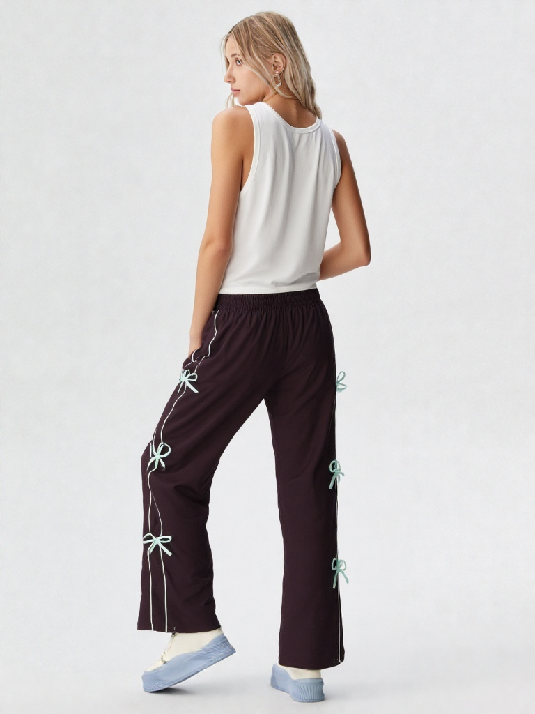 Stylish Purple Bow String Track Pants – Relaxed Fit | Streetwear Casual for Women’s