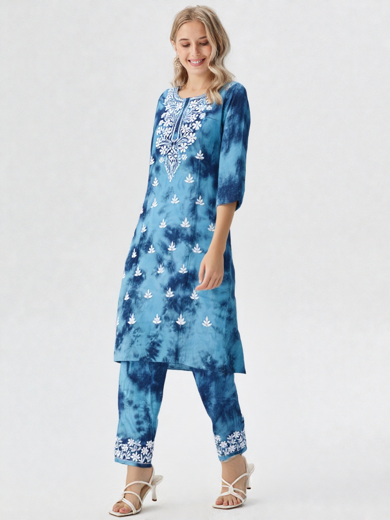 Women’s Blue Tie-Dye Cotton Kurta Set with White Embroidery – Stylish Ethnic Wear