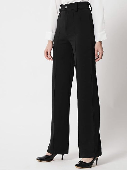Women Straight Fit Polyester Blend Solid Trousers