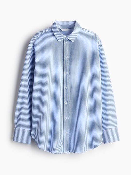 Women's Blue & White Vertical Striped Cotton Shirt – Oversized Long Sleeve Button-Down