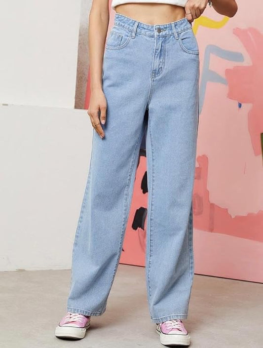 High-Waisted Light Blue Wide Leg Jeans for Women – Relaxed Fit Denim