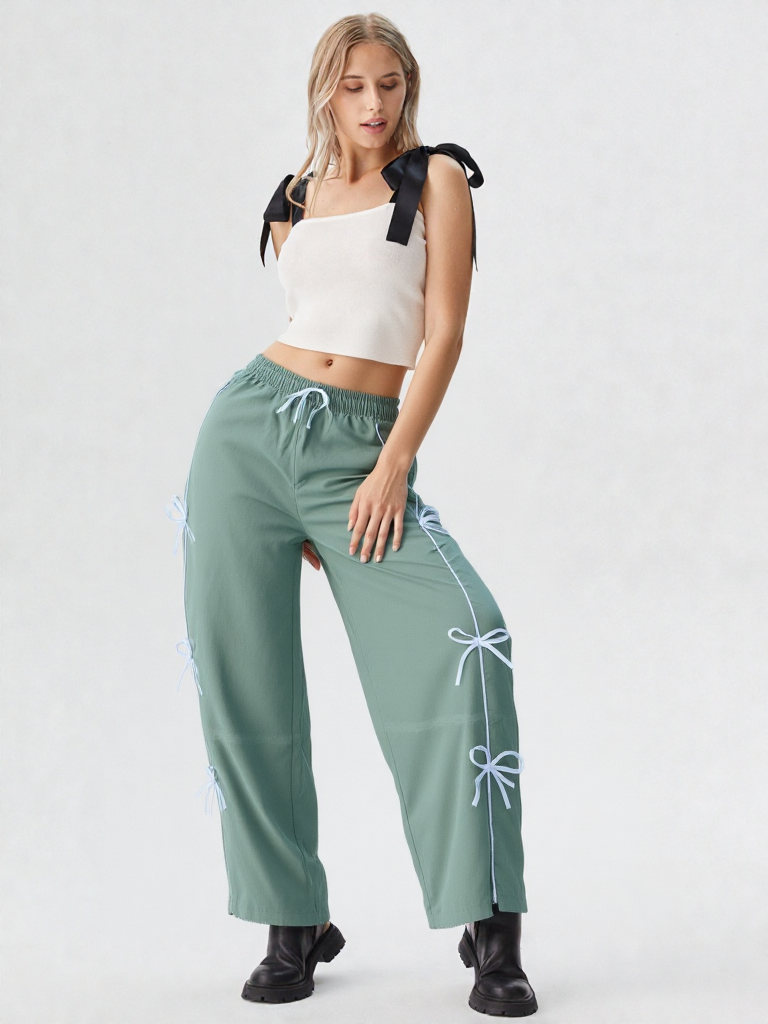 Stylish Light Green Bow String Track Pants – Relaxed Fit | Streetwear Casual for Women's