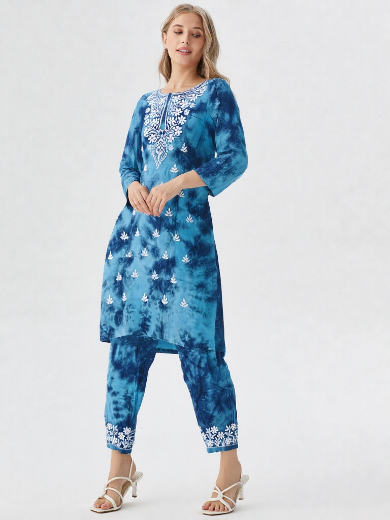 Women’s Blue Tie-Dye Cotton Kurta Set with White Embroidery – Stylish Ethnic Wear