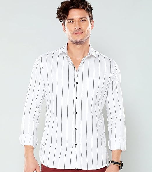 Men's White Slim Fit Vertical Striped Casual Shirt – Full Sleeves | Classic Button-Down