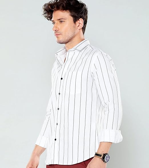 Men's White Slim Fit Vertical Striped Casual Shirt – Full Sleeves | Classic Button-Down