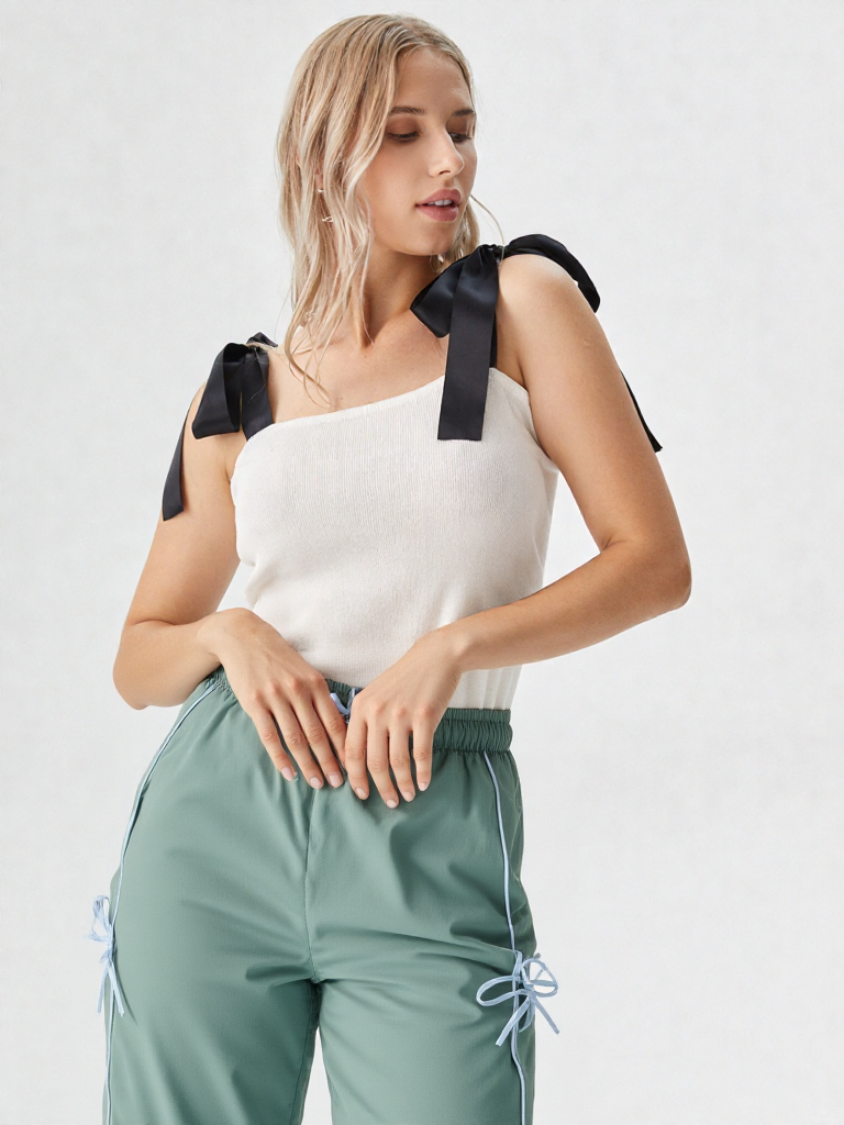 Stylish Light Green Bow String Track Pants – Relaxed Fit | Streetwear Casual for Women's