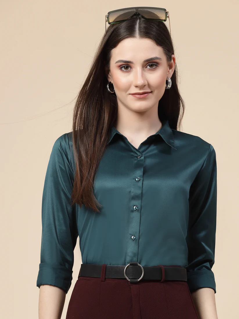 Women Teal Satin Regular Formal Shirt