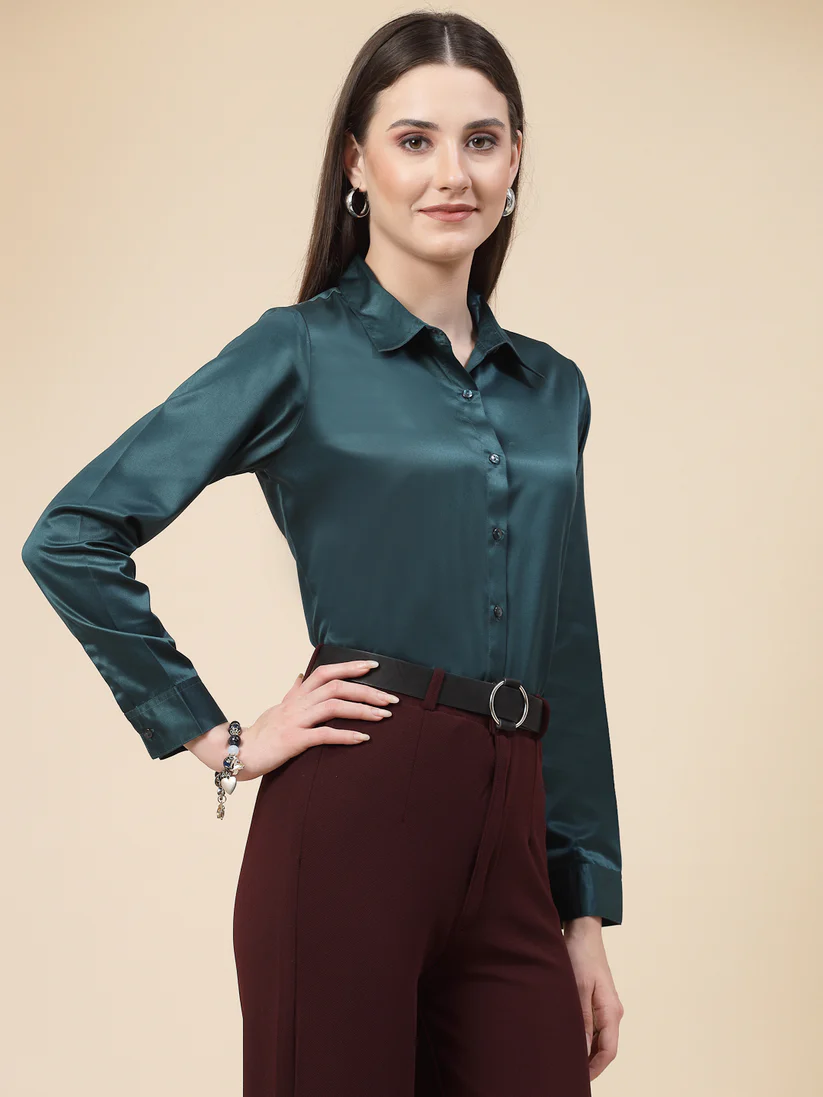 Women Teal Satin Regular Formal Shirt