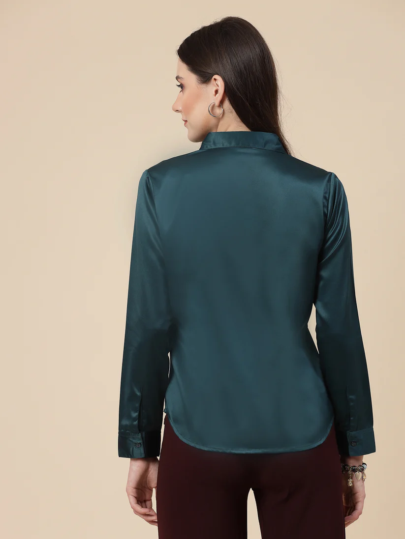 Women Teal Satin Regular Formal Shirt
