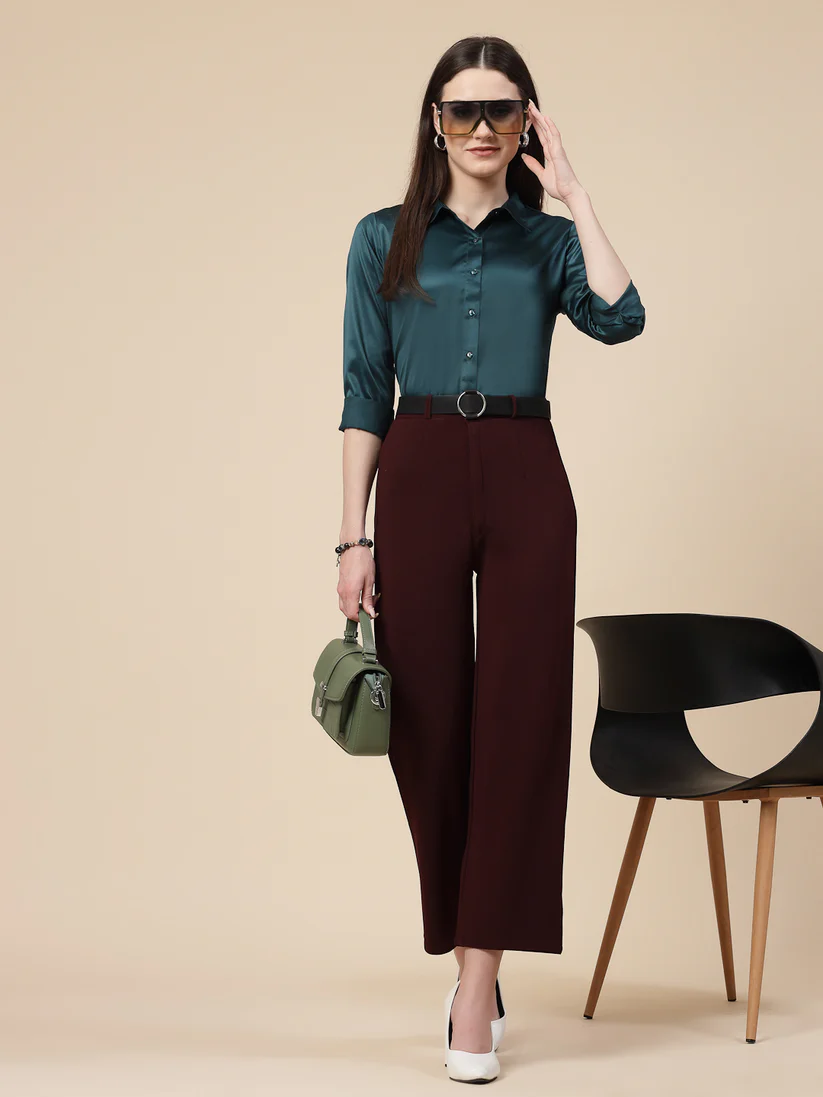 Women Teal Satin Regular Formal Shirt