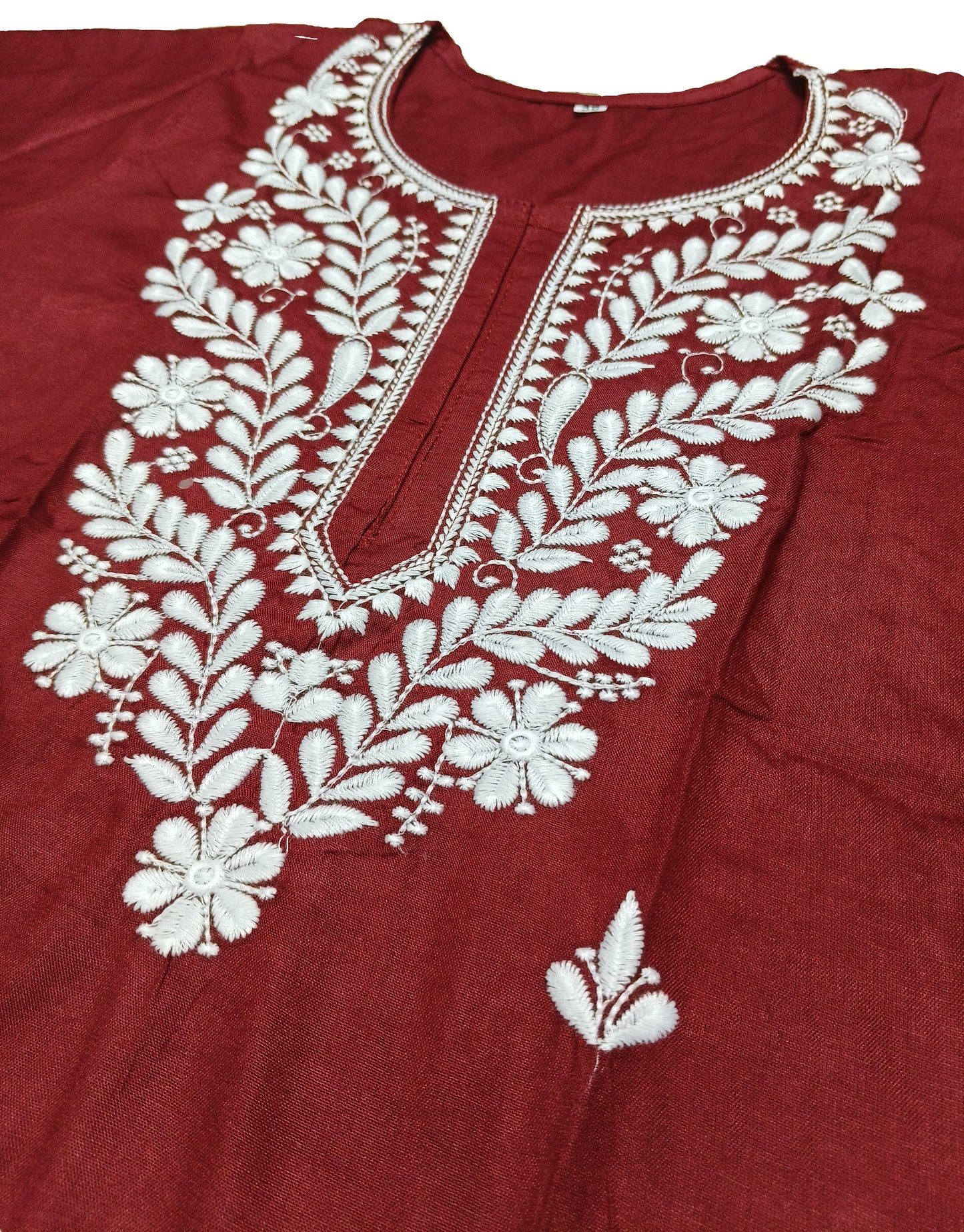 Maroon Cotton Short Chikan Kurti with White Floral Embroidery – Elegant Ethnic Wear for Women