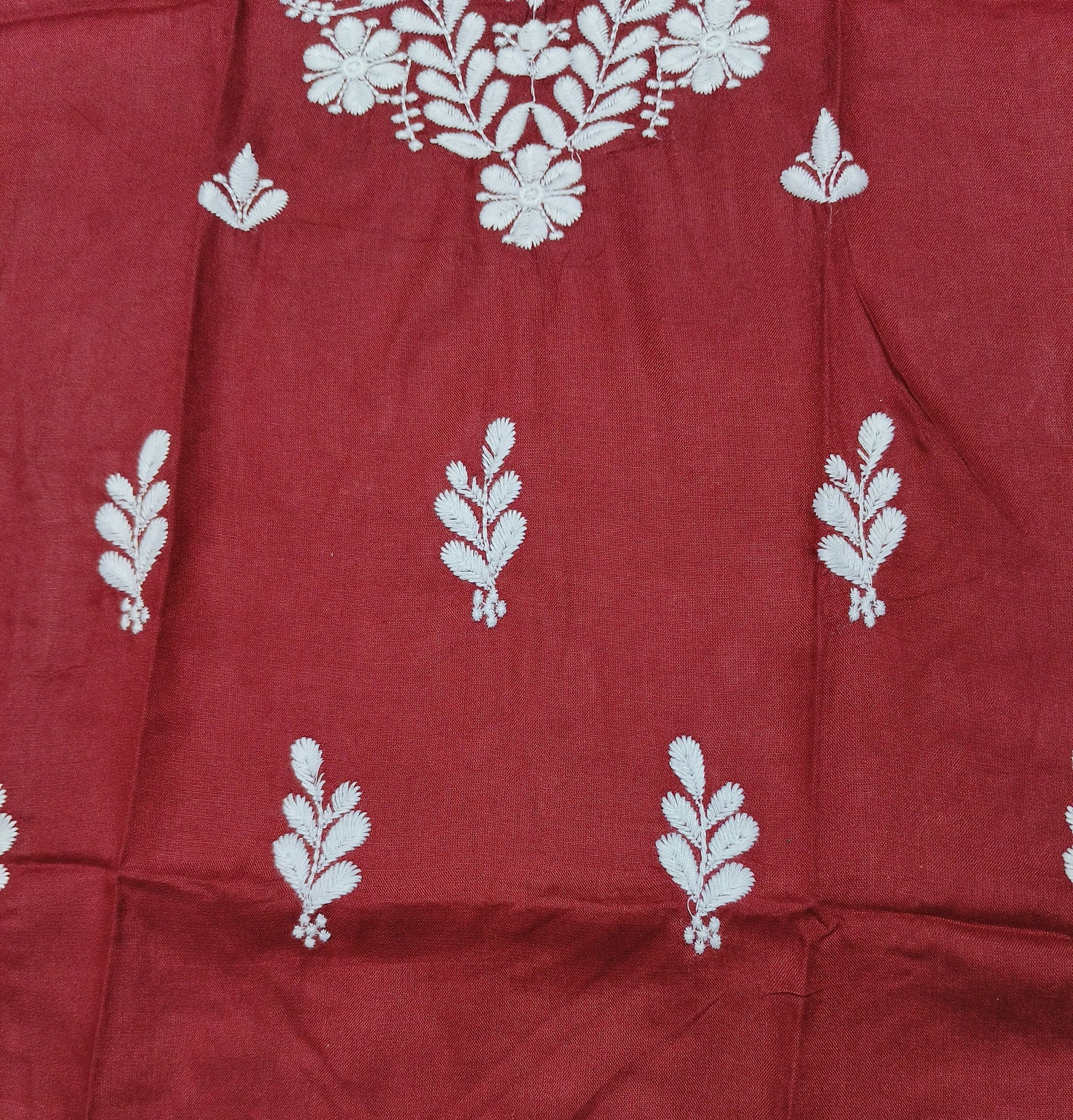 Maroon Cotton Short Chikan Kurti with White Floral Embroidery – Elegant Ethnic Wear for Women
