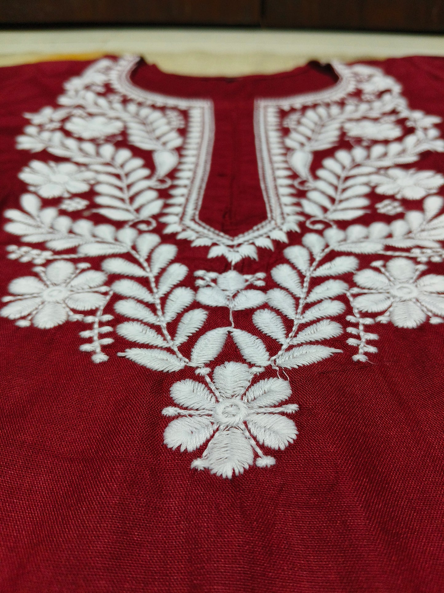 Maroon Cotton Short Chikan Kurti with White Floral Embroidery – Elegant Ethnic Wear for Women