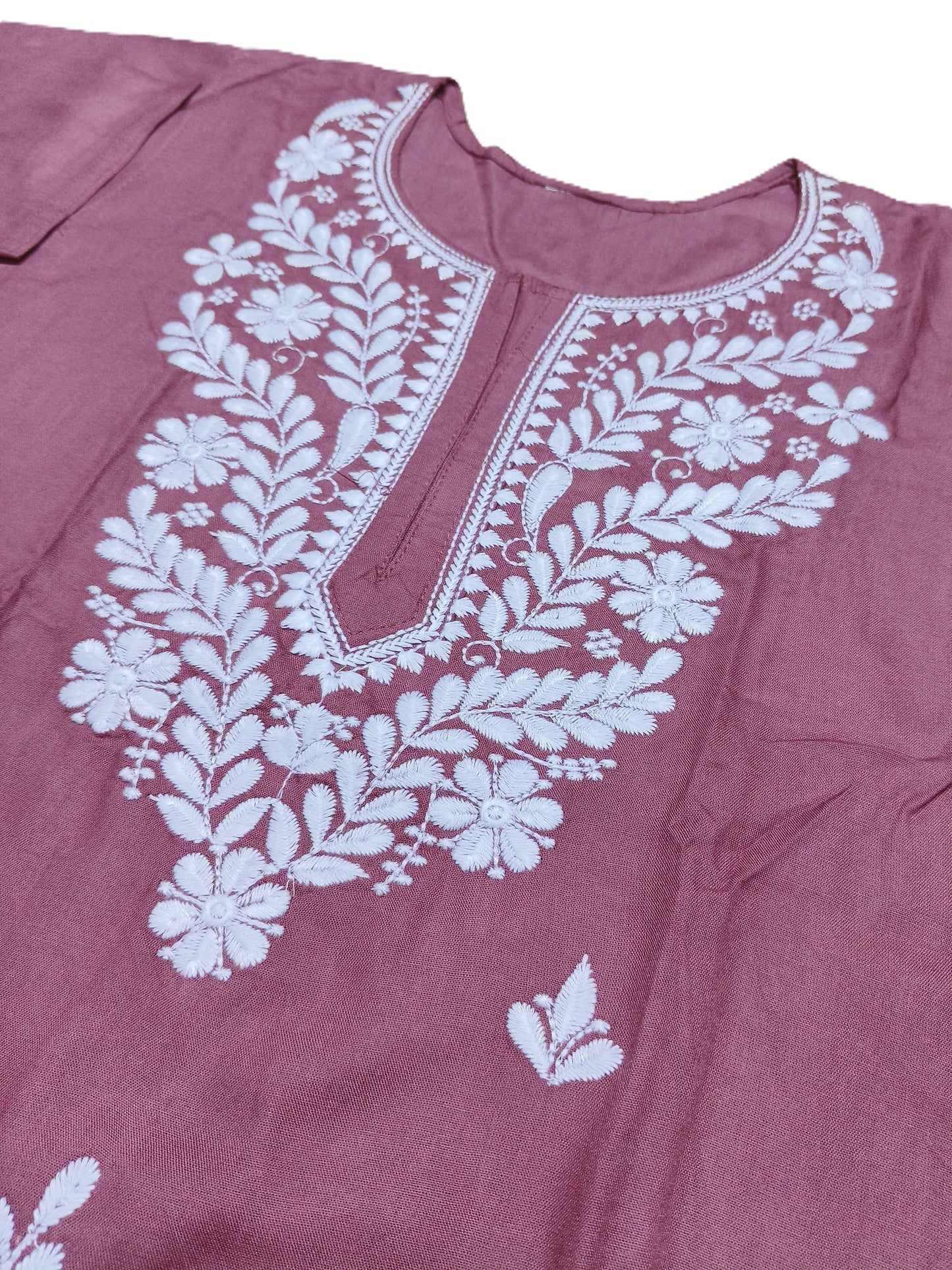 Mauve Cotton Short Chikan Kurti with White Floral Embroidery – Casual Ethnic Wear for Women
