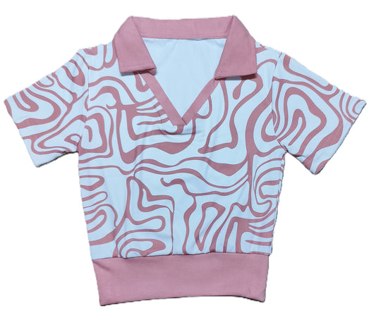 Pink & White Abstract Print Ribbed Crop Polo Top for Women