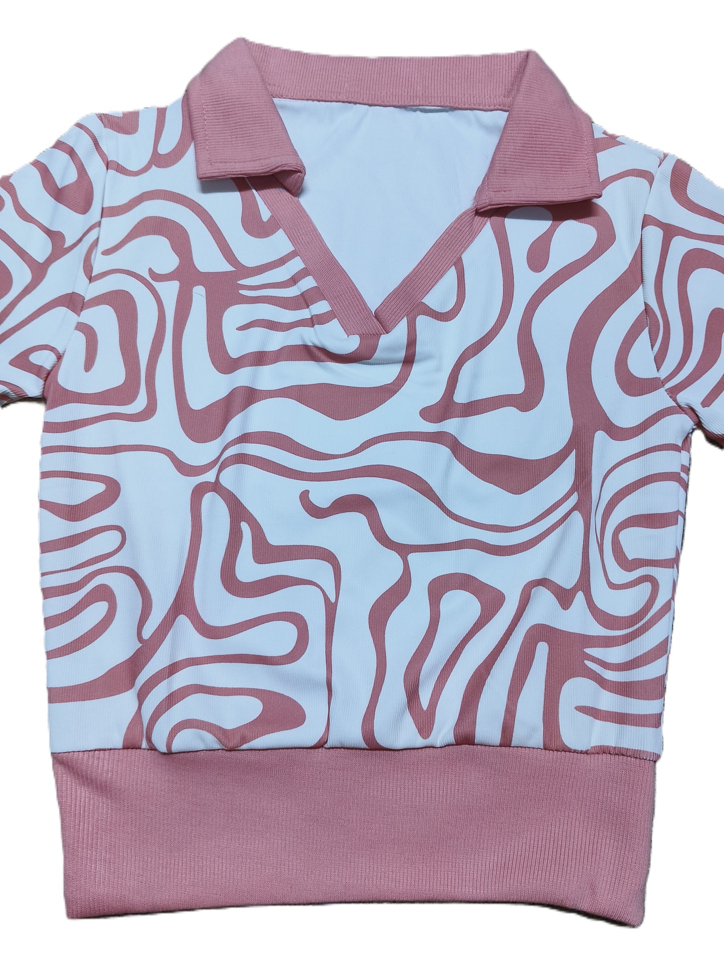 Pink & White Abstract Print Ribbed Crop Polo Top for Women