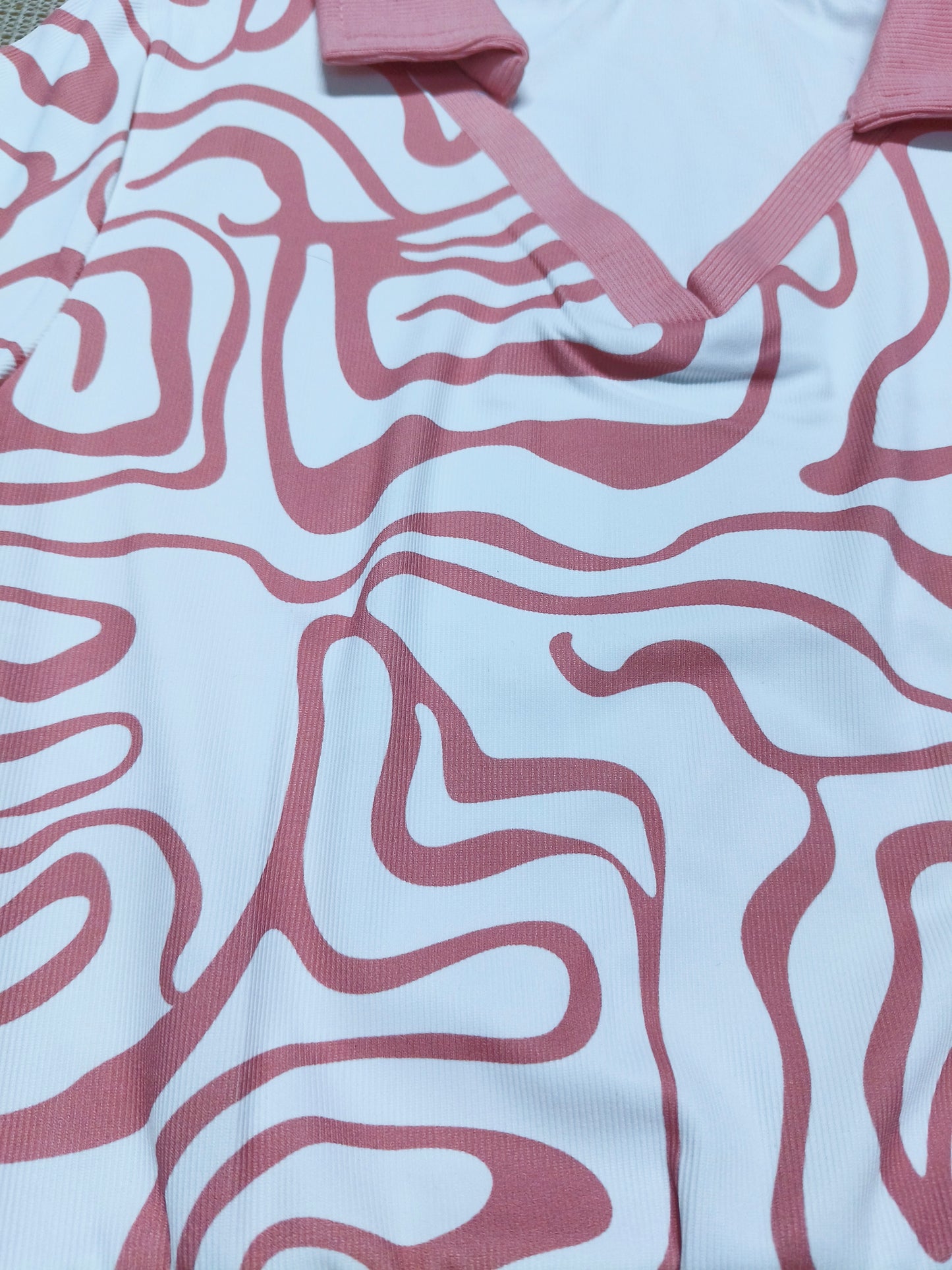 Pink & White Abstract Print Ribbed Crop Polo Top for Women