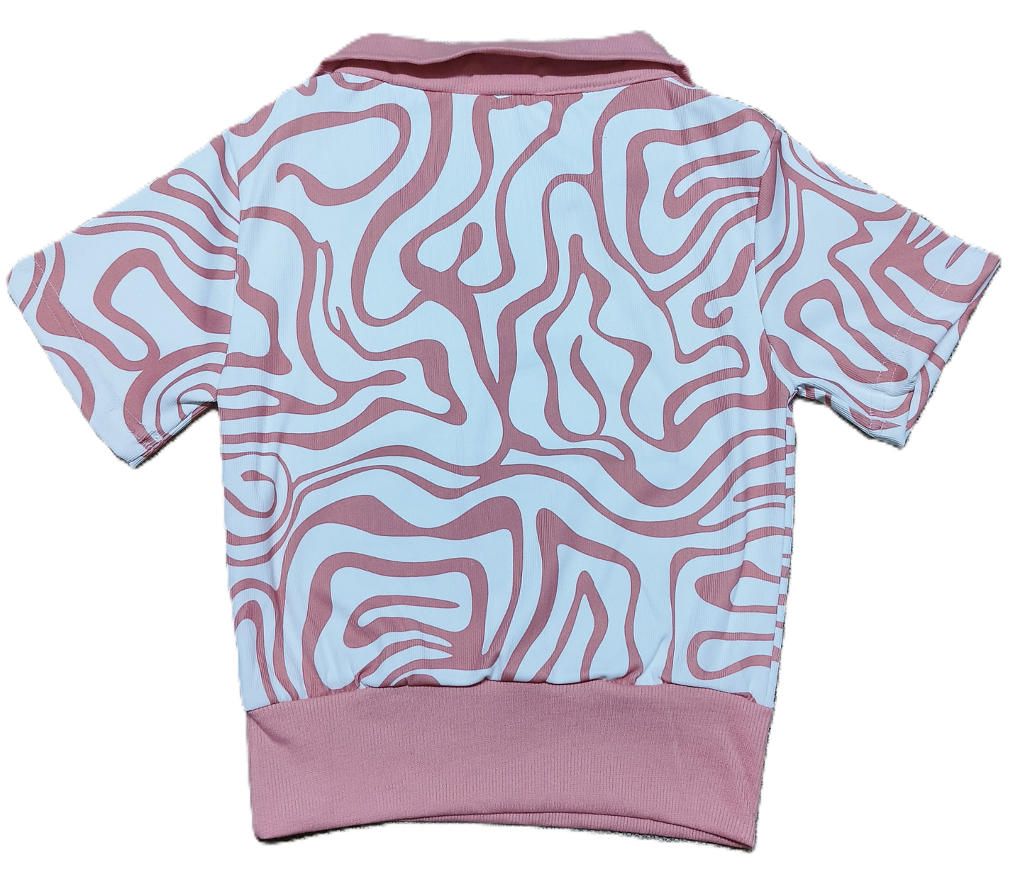 Pink & White Abstract Print Ribbed Crop Polo Top for Women
