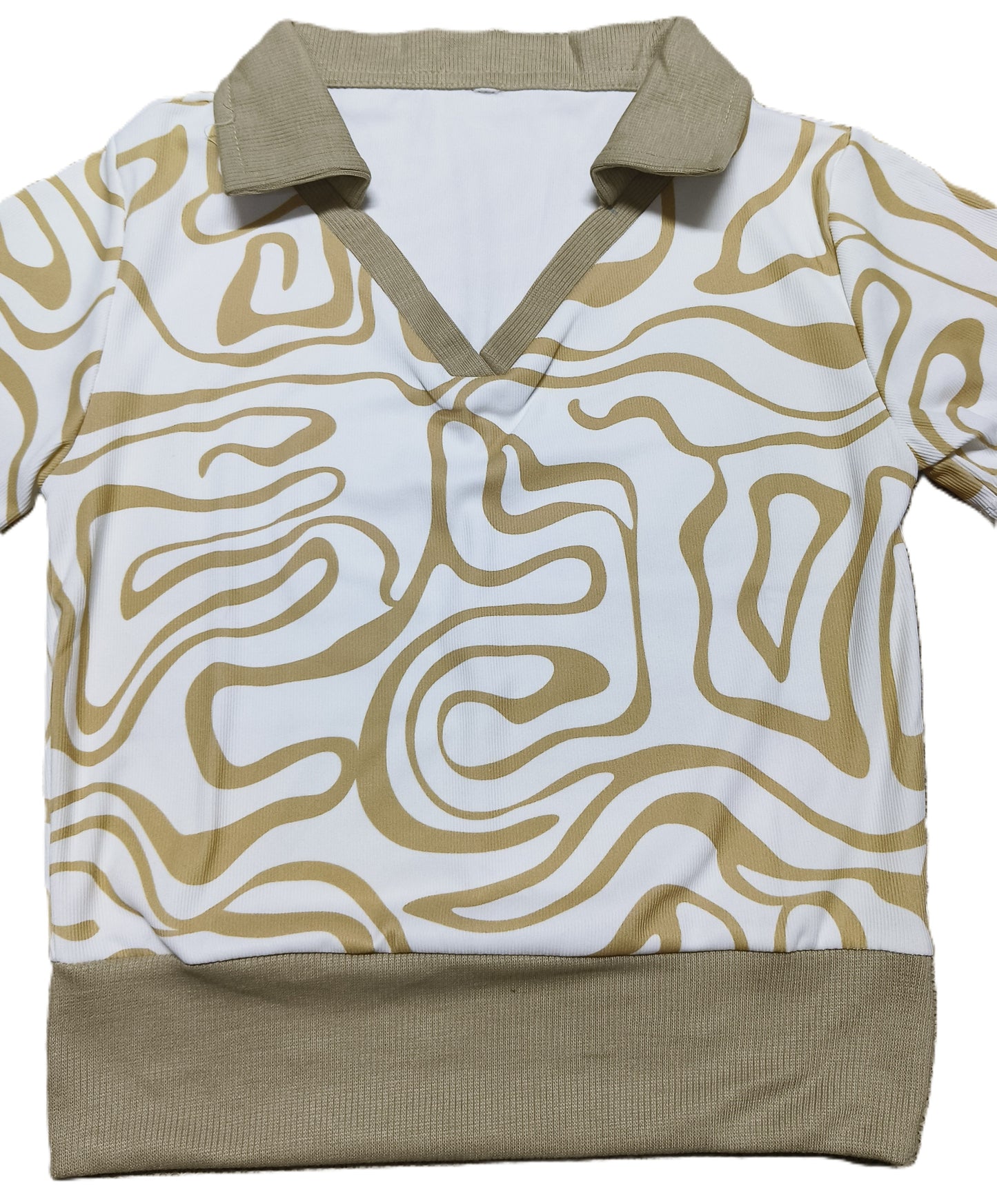 Olive Green Abstract Printed Collared Crop Top for Women – V-Neck Half Sleeve Stylish Fit