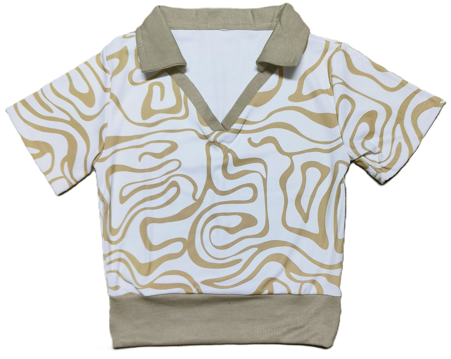 Olive Green Abstract Printed Collared Crop Top for Women – V-Neck Half Sleeve Stylish Fit