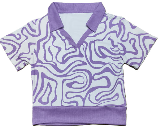 Purple Abstract Printed Ribbed Crop Top with Collar for Women – Stylish V-Neck Half Sleeve