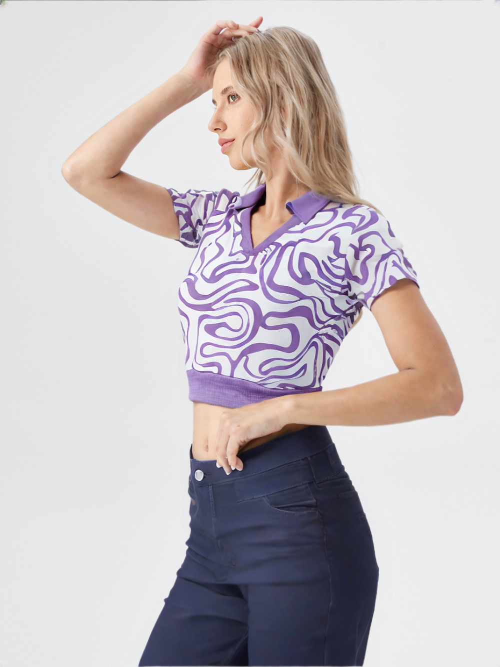 Purple Abstract Printed Ribbed Crop Top with Collar for Women – Stylish V-Neck Half Sleeve
