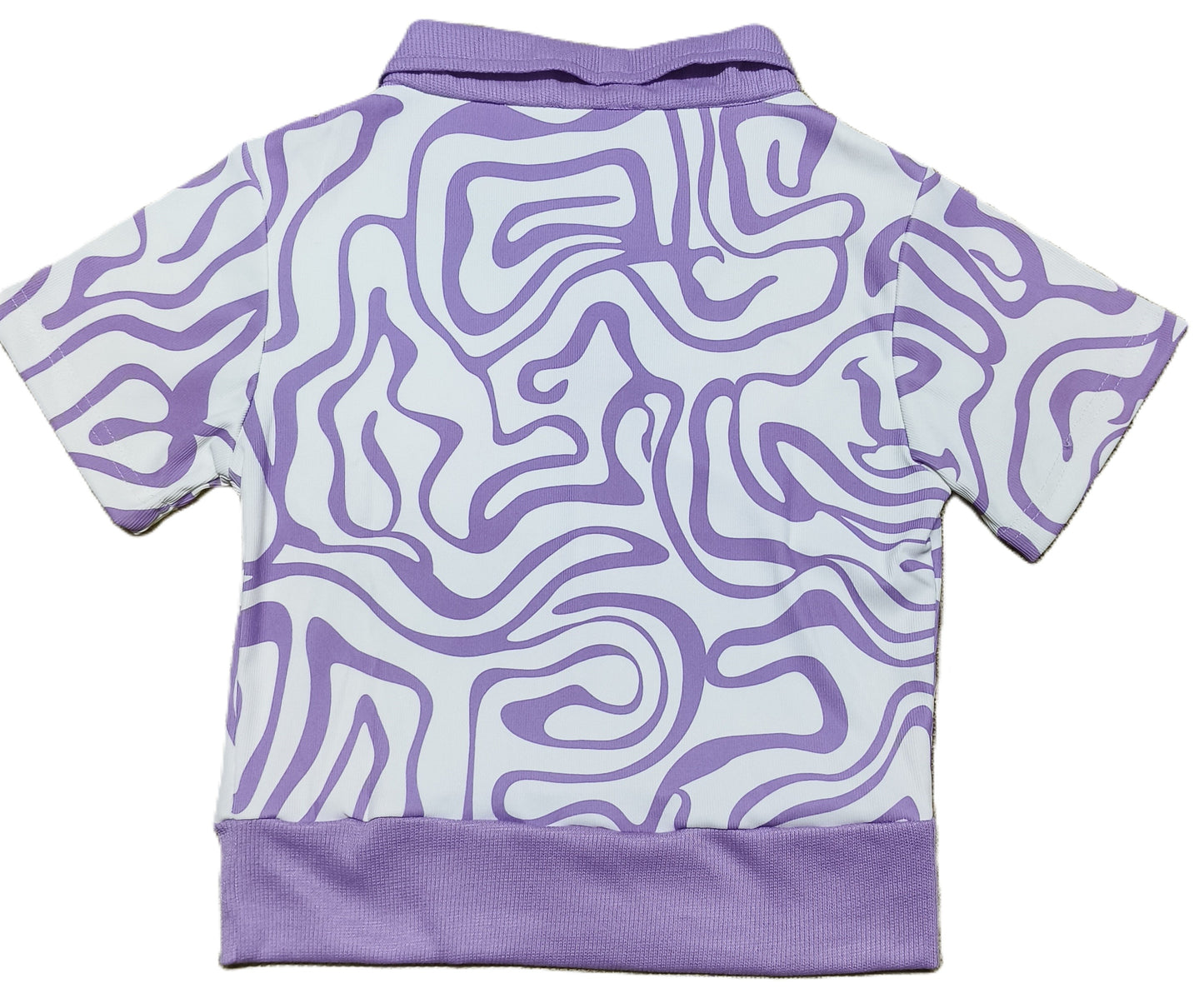 Purple Abstract Printed Ribbed Crop Top with Collar for Women – Stylish V-Neck Half Sleeve