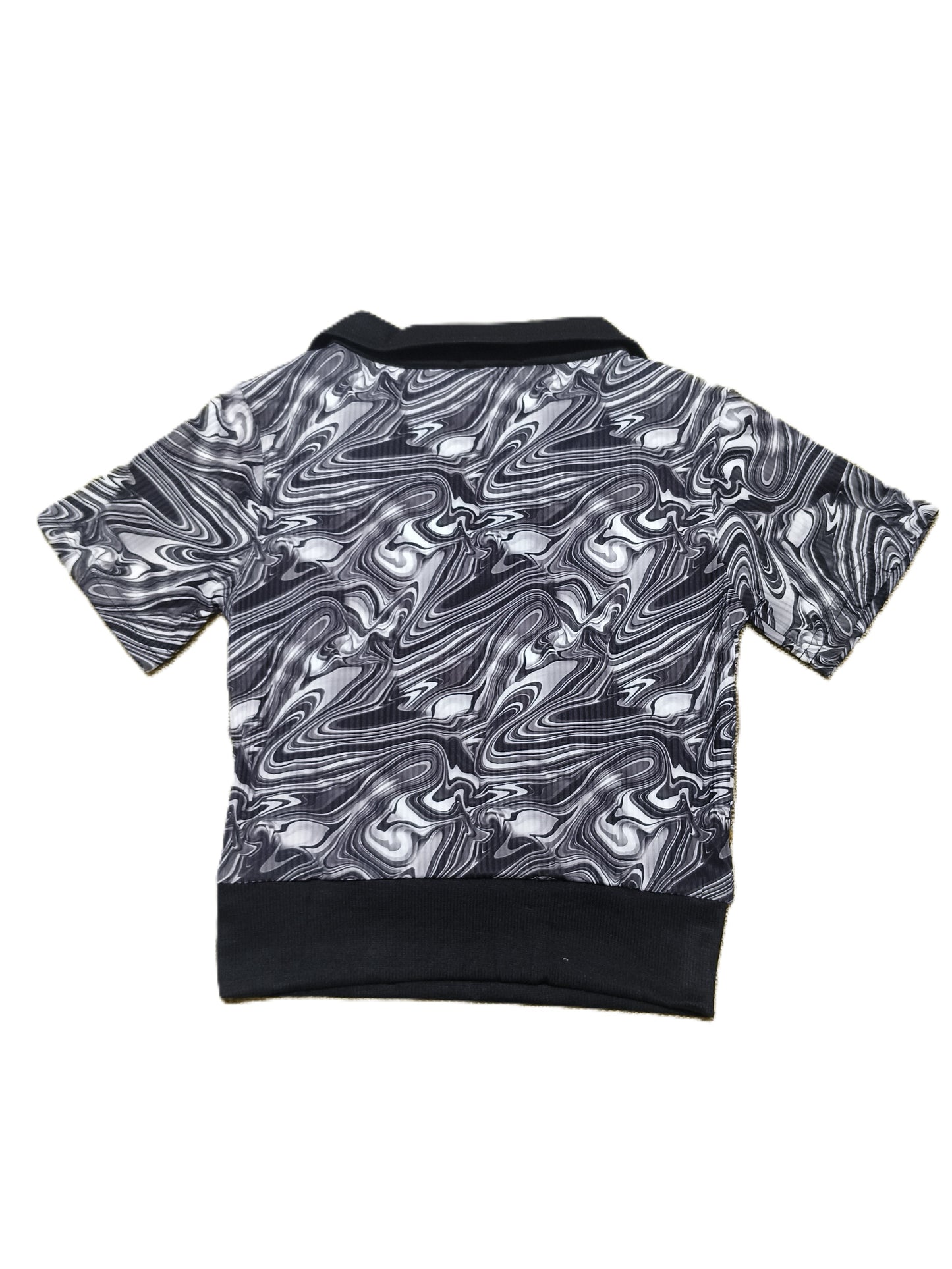 Black & White Marble Print Crop Top with Collar for women - Stylish V-Neck Half Sleeve T-Shirt