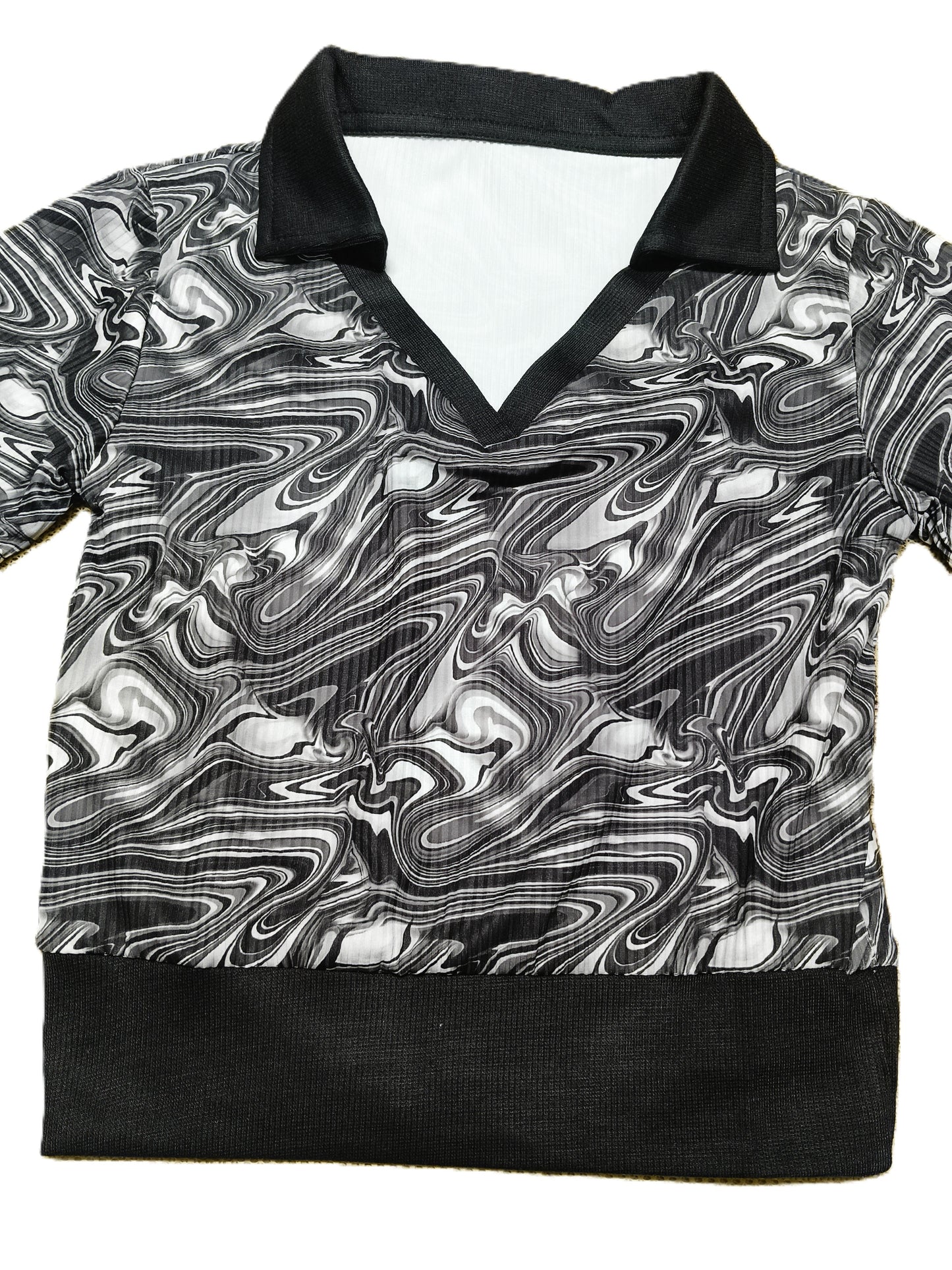 Black & White Marble Print Crop Top with Collar for women - Stylish V-Neck Half Sleeve T-Shirt