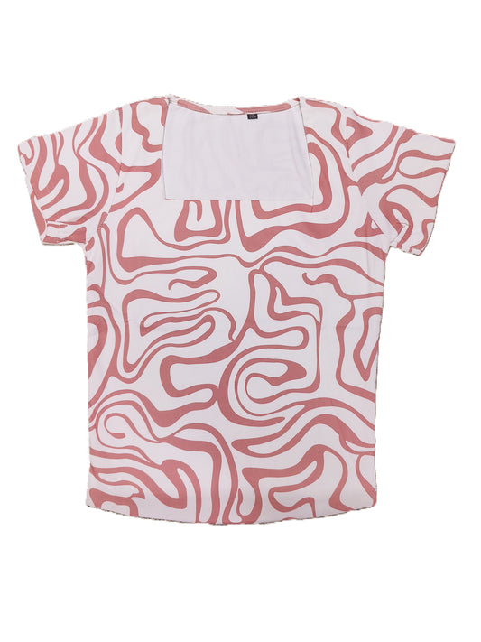 Abstract Pink Maze Print Women's Fitted Top – Square Neck | Casual Chic Style