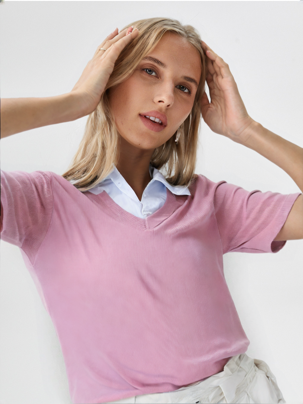 Pink Collared V-Neck Knit Top for Women’s | Preppy Layered Look Short Sleeve T-Shirt
