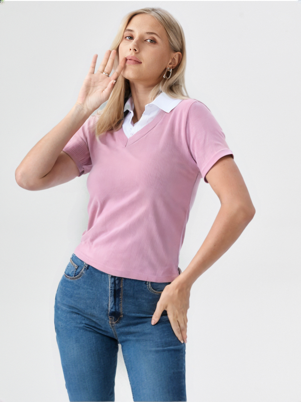 Pink Collared V-Neck Knit Top for Women’s | Preppy Layered Look Short Sleeve T-Shirt