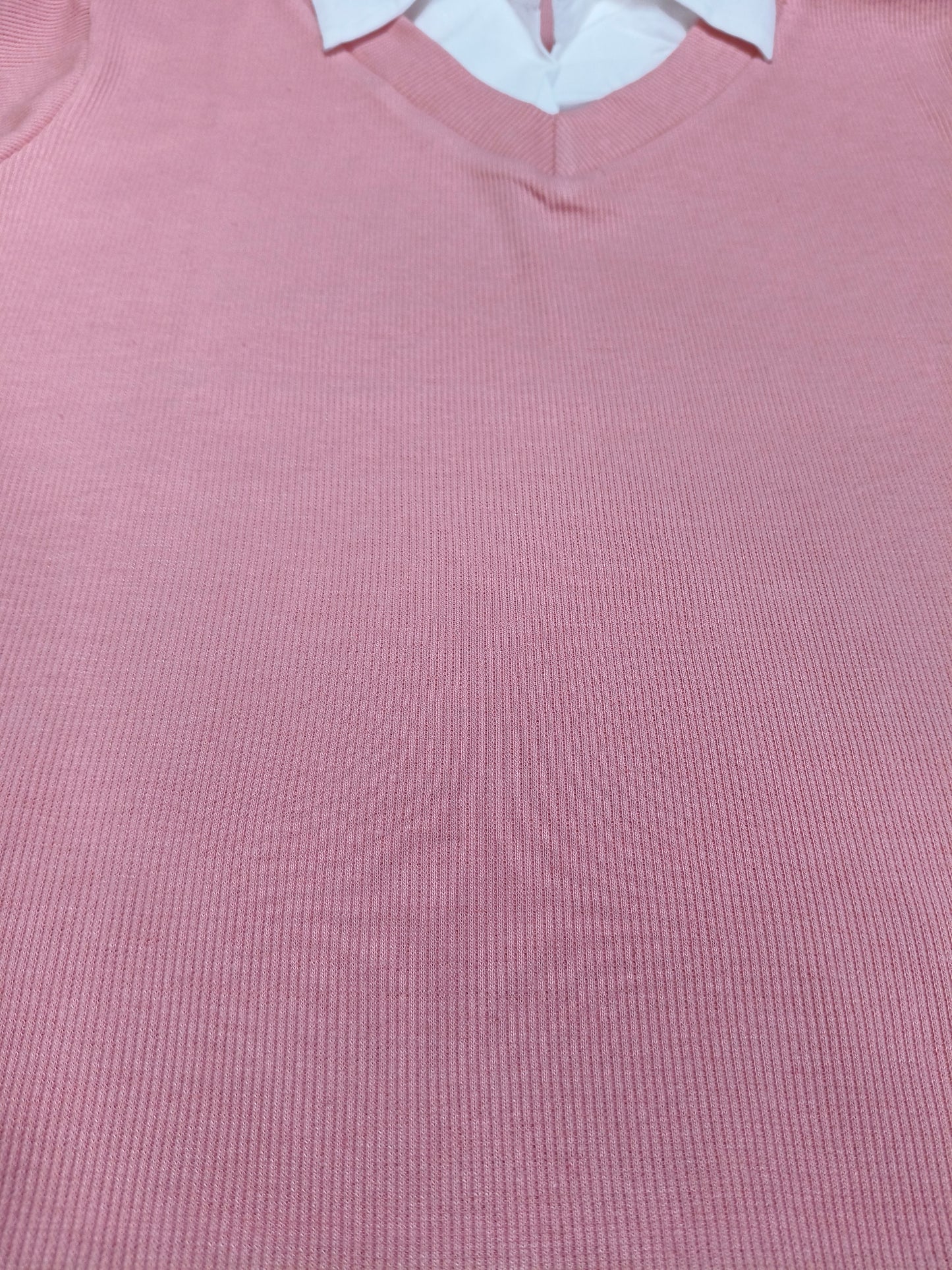 Pink Collared V-Neck Knit Top for Women’s | Preppy Layered Look Short Sleeve T-Shirt