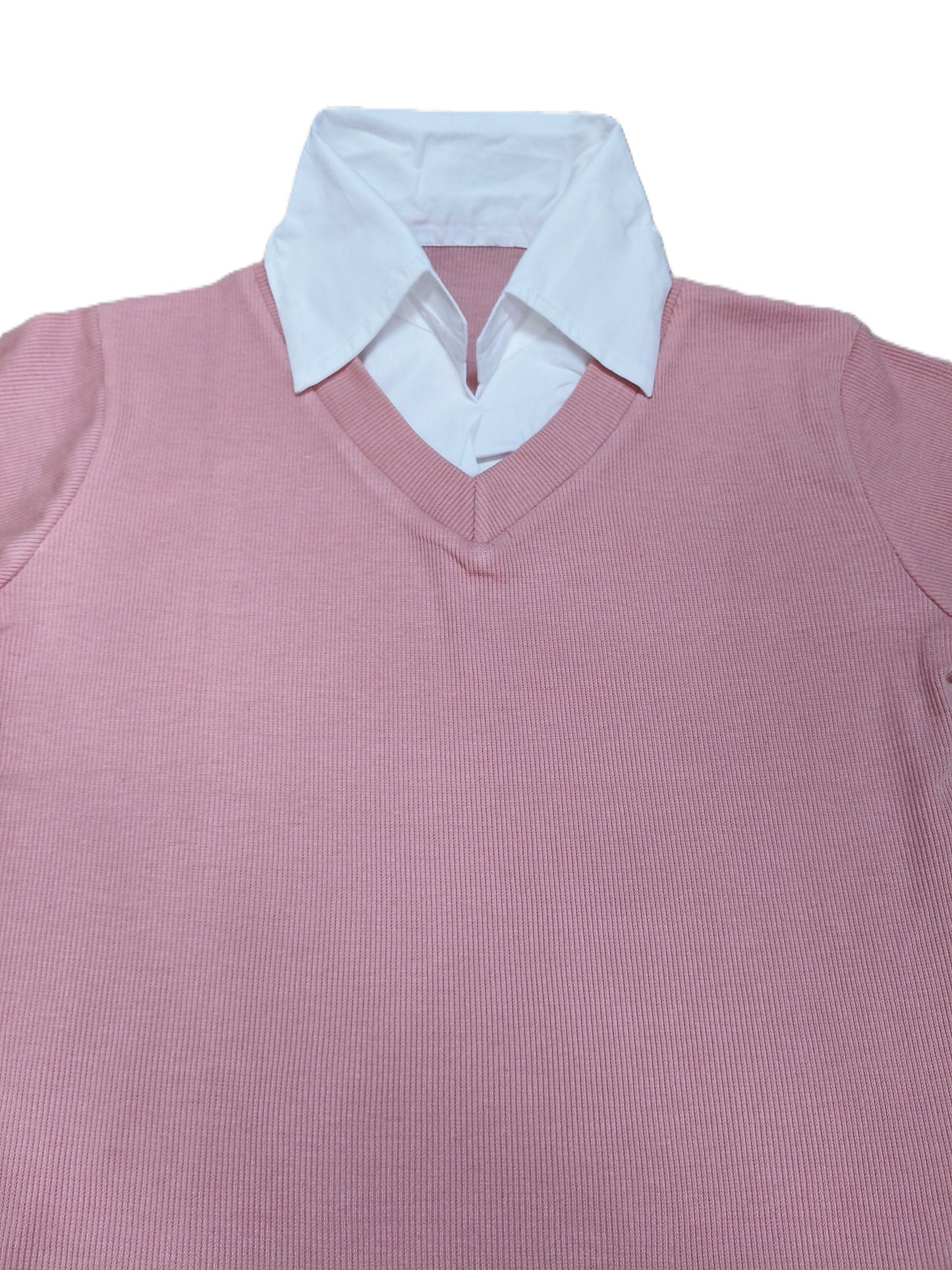 Pink Collared V-Neck Knit Top for Women’s | Preppy Layered Look Short Sleeve T-Shirt