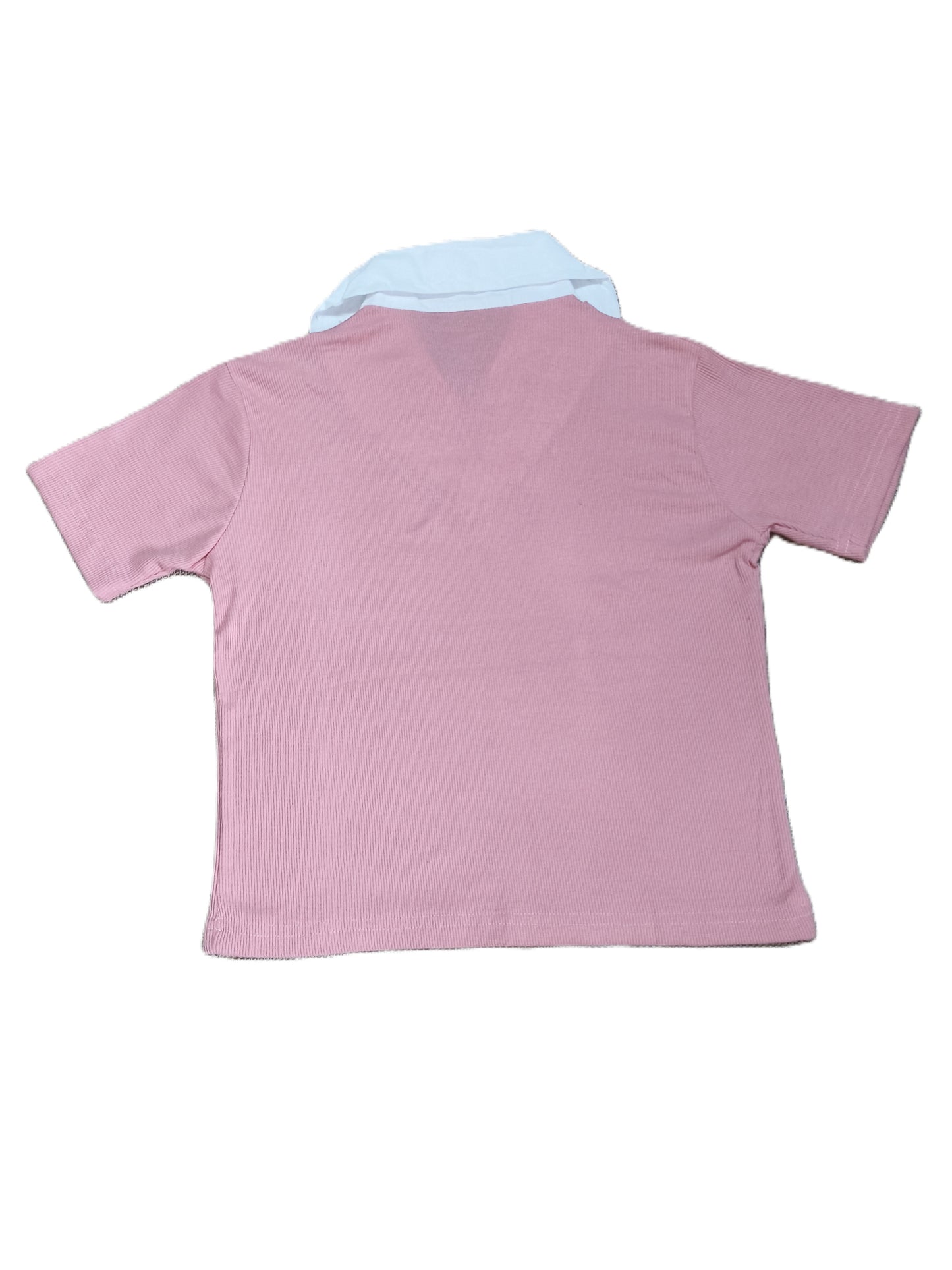 Pink Collared V-Neck Knit Top for Women’s | Preppy Layered Look Short Sleeve T-Shirt