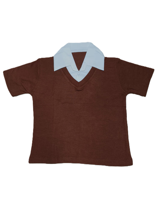 Brown V-Neck Layered Knit Top with white Collar – Casual Smart Fit Top for Women