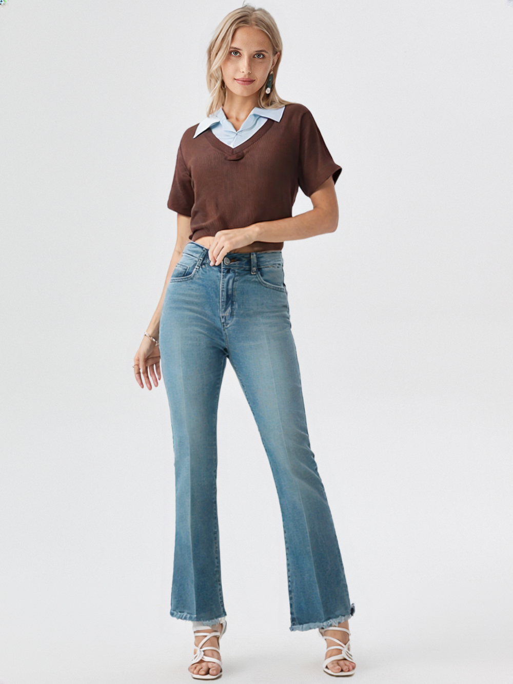 Brown V-Neck Layered Knit Top with white Collar – Casual Smart Fit Top for Women
