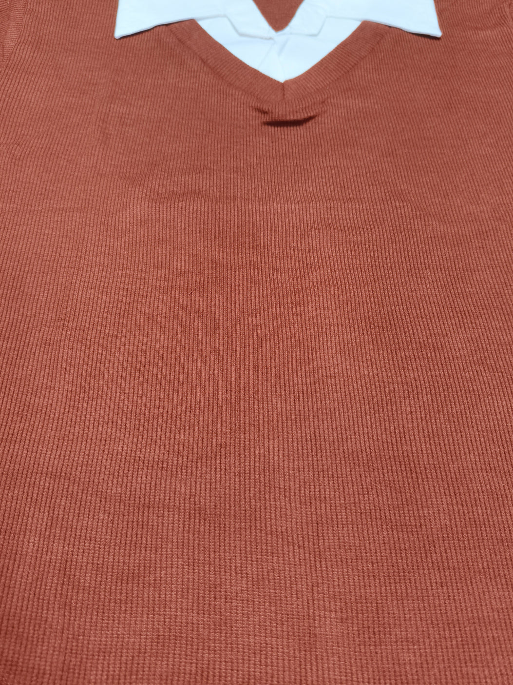 Brown V-Neck Layered Knit Top with white Collar – Casual Smart Fit Top for Women