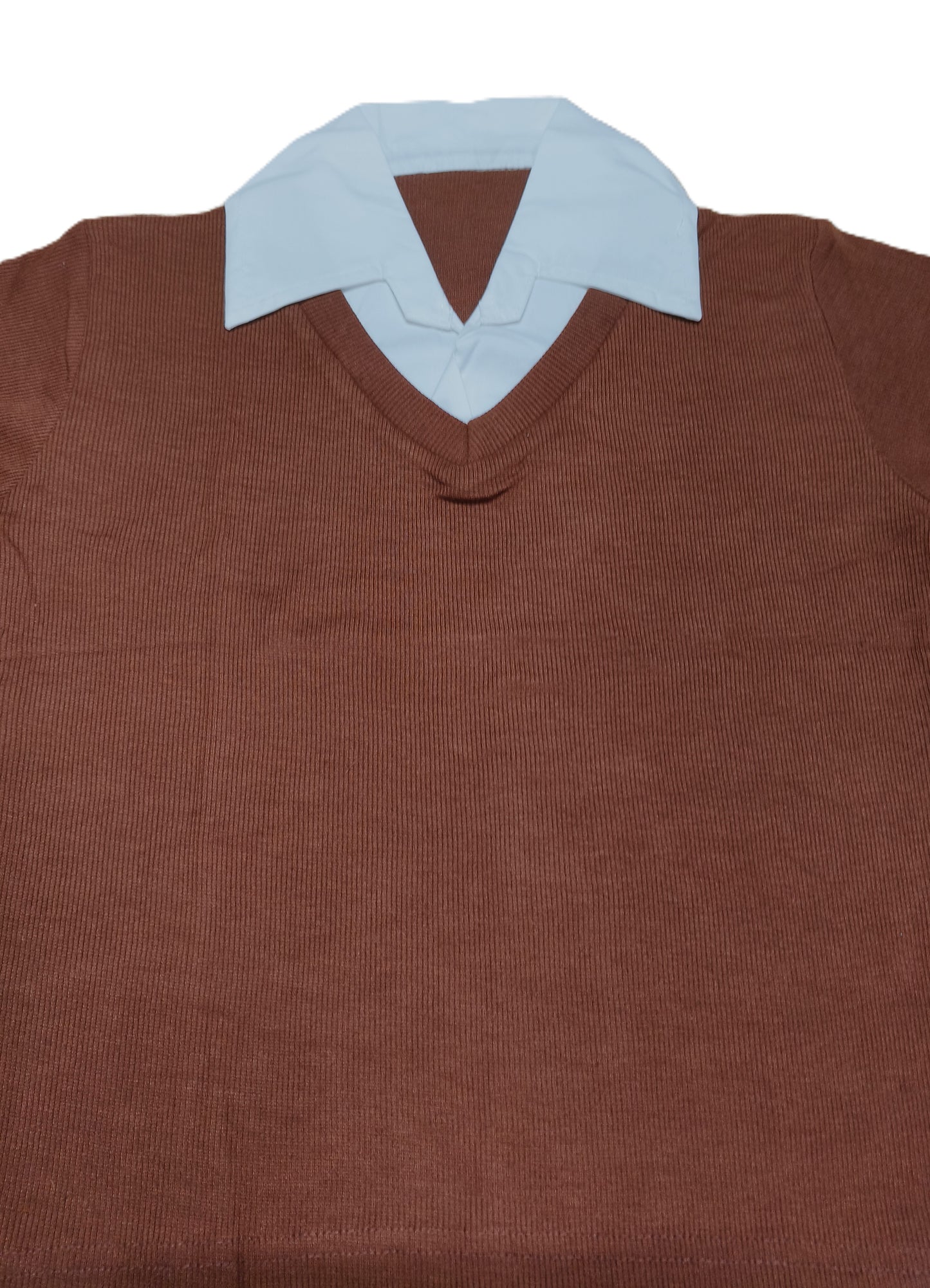 Brown V-Neck Layered Knit Top with white Collar – Casual Smart Fit Top for Women