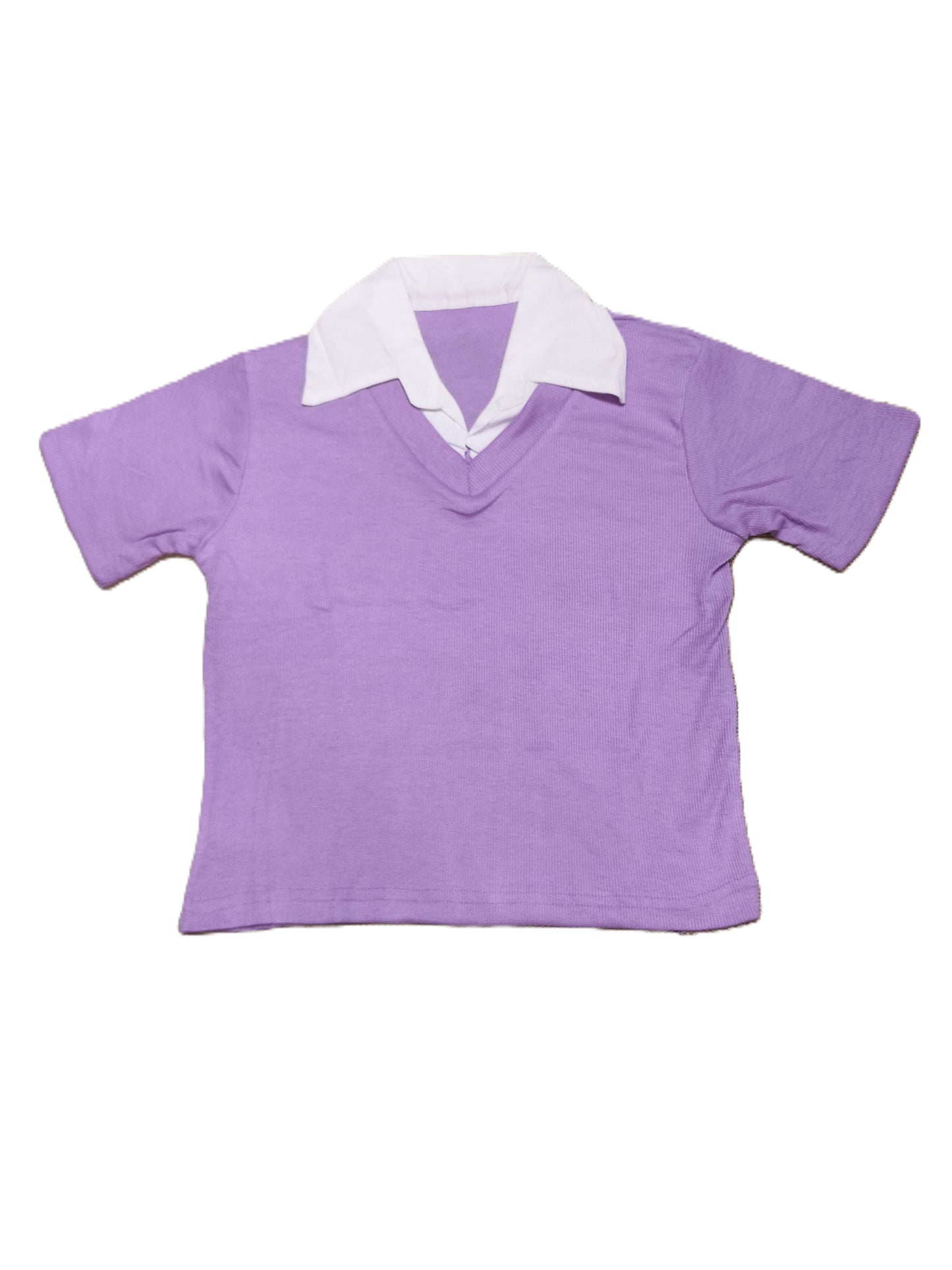 Lavender Ribbed Knit Polo Collar Top for Women – Elegant V-Neck Slim Fit